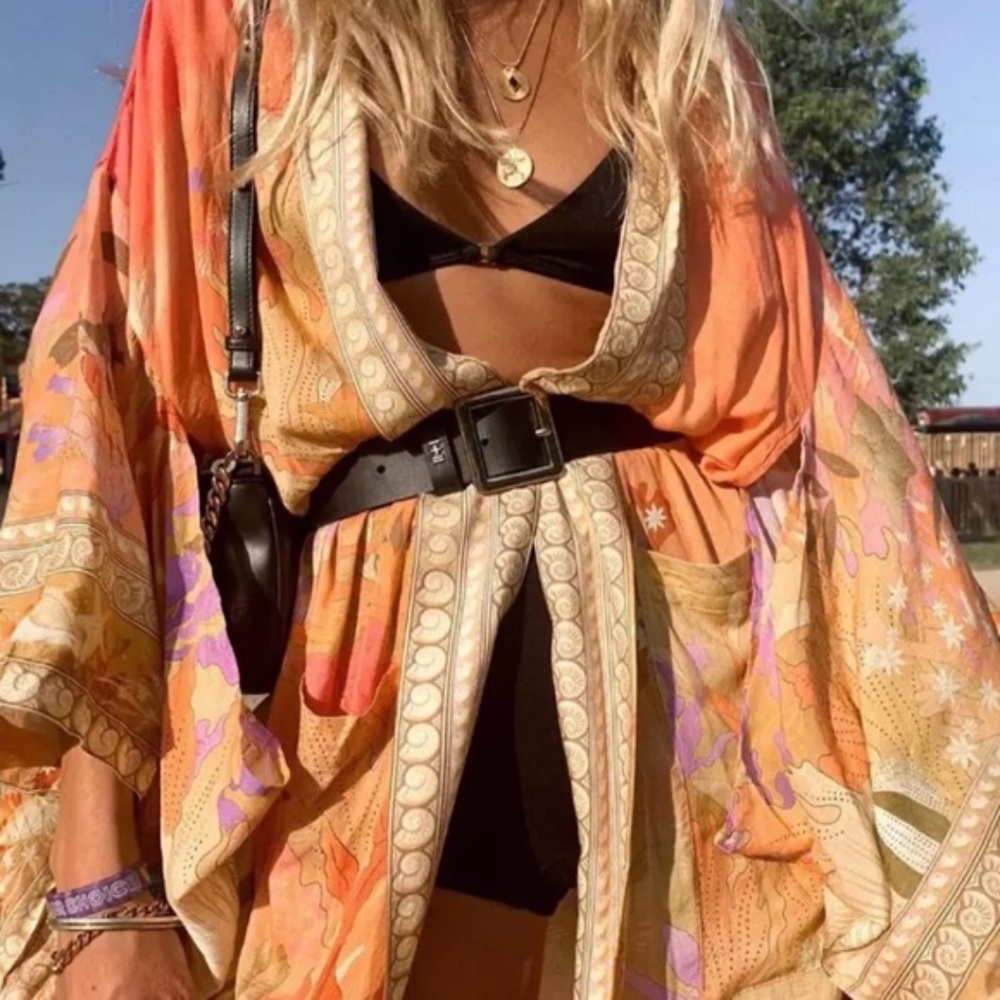 Boho Orange Mermaid Print Belted Kimono Duster Cover up